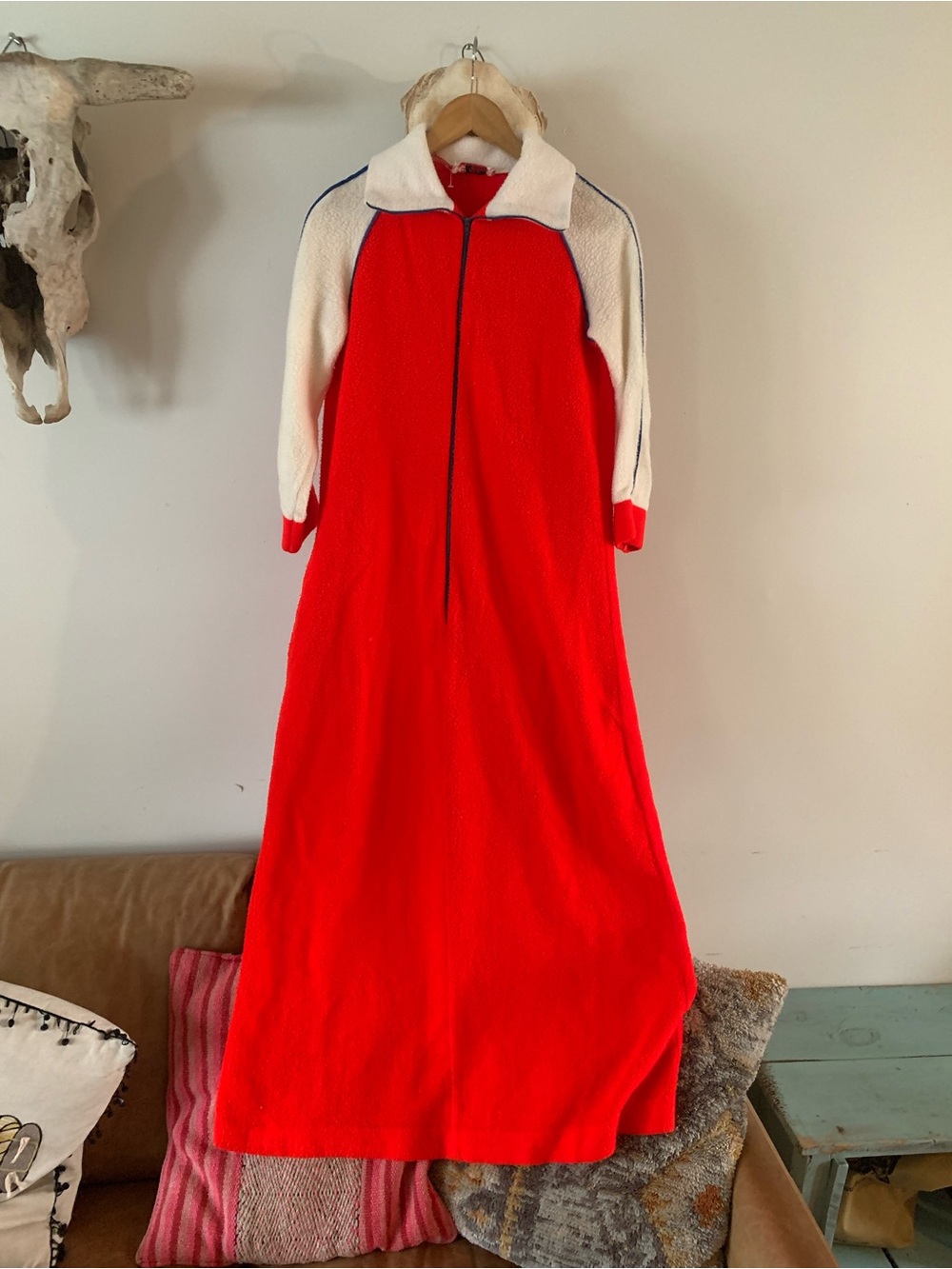 Vintage Womans  Red and White Zip-Front Fleece Pajama Gown